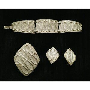 Vintage Sarah Coventry 3 Piece Silver Panel Bracelet Pendant/Pin Clip Earrings